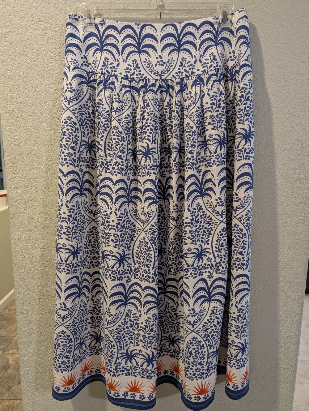 Rachel Zoe NWT Linen Blend Coastal Print Midi Skirt Pockets Belt Loops Size L
